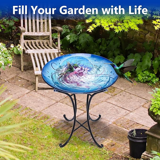 MUMTOP Bird Baths for Outdoors, Jellyfish Glass Large Bird Bath Bowl with Metal Stand, Bird Feeders for Outside and Garden, Patio,Lawn Decor (Blue)