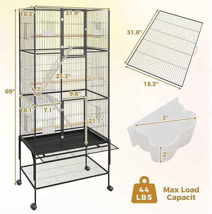 69inch Large Bird Cage Parrot Cage Metal Parrot Flight Cage for Budgie Parakeet Conure, Feeders, Ladders, Perches, Slide-Out Tray Rolling Cockatiel Cage for Mid-Sized Parrots Detachable Storage Stand
