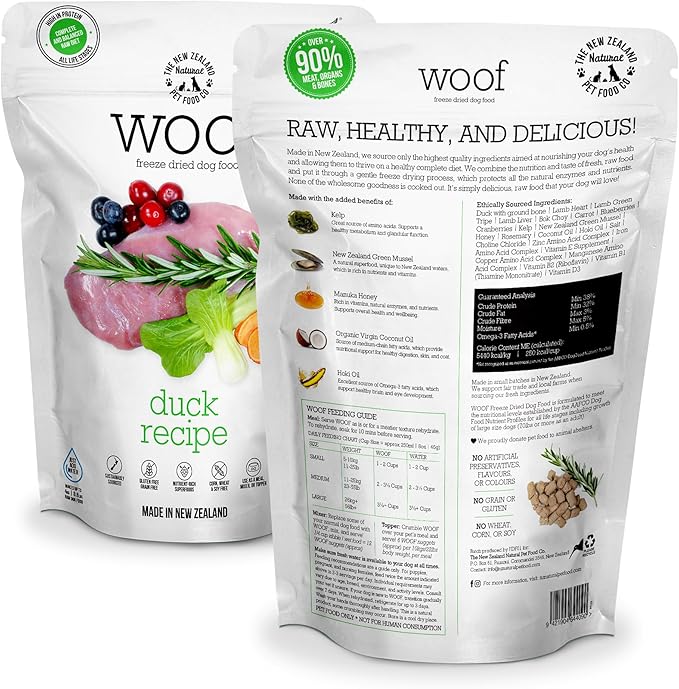 The New Zealand Natural Pet Food Co WOOF Freeze Dried Dog Food - Duck Recipe, High Protein Dog Food, Natural Dog Treats, Toppers & Meals, 2.2 lb
