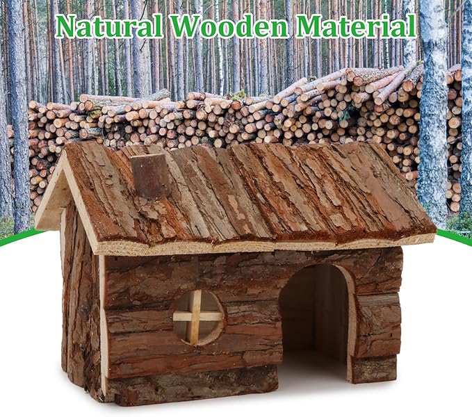 Hypeety Natural Wooden Hamster House Cage Small Animals House with Chimney for Pet Rats Gerbil Hideout Play House (M)