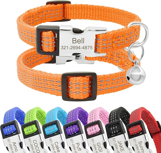 Personalized Reflective Nylon Cat Collar with Name Phone,Custom Engraved Buckle Cat Collar with Bell,Adjustable for Small Dogs Puppy Kitten (Orange,fit 7.5''-12.0'')