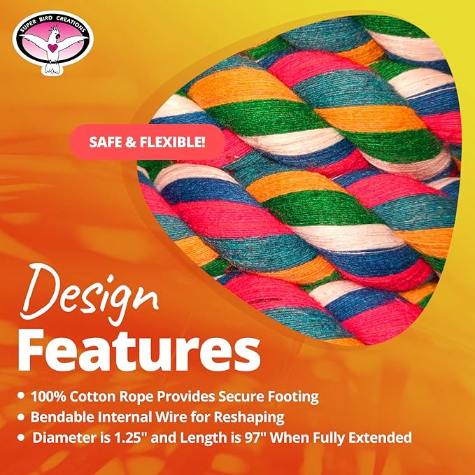 Super Bird Creations - SB326 Large to XL Bungee Bird Toy - Rope Perch for Amazons, African Greys, Cockatoos, Parrots - Colorful Hanging Perch - Enriching Bungee Toy for Large/XL Birds & in Bird Cages