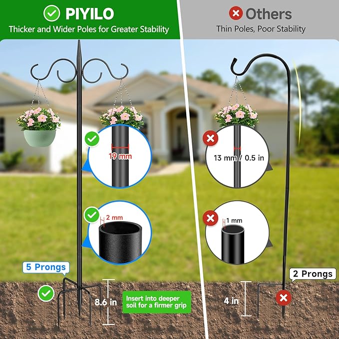Outdoor Shepherds Hook for Bird Feeder, Double 76in Heavy Duty Shepherd Hooks, Adjustable String Lights Poles for Hanging Garden Plants, Humming Bird Feeder (2 Pack)