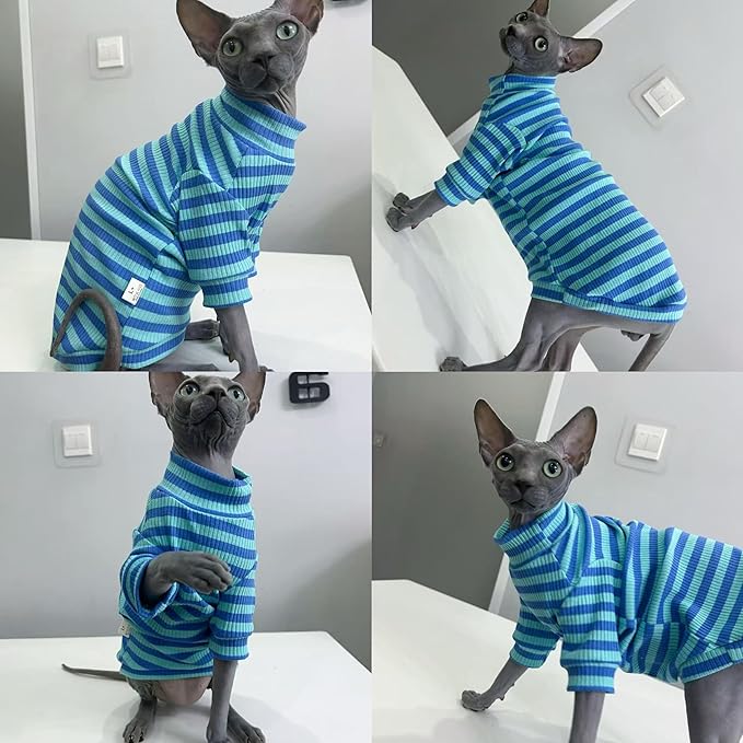 Striped Waffle Knit Shirt for Sphynx Cat, 2-Leg Long Sleeve Lightweight Outfit for Hairless Cats, Soft All-Season Pet Clothes (Blue, Small (2.5-3.5lbs))