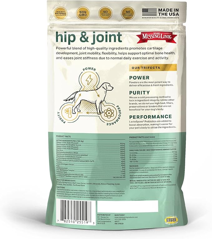 The Missing Link Hip & Joint + Probiotics Supplement 1lb Bag - Superfood Powder for Dog Cartilage & Bone Health, Joint Mobility & Flexibility