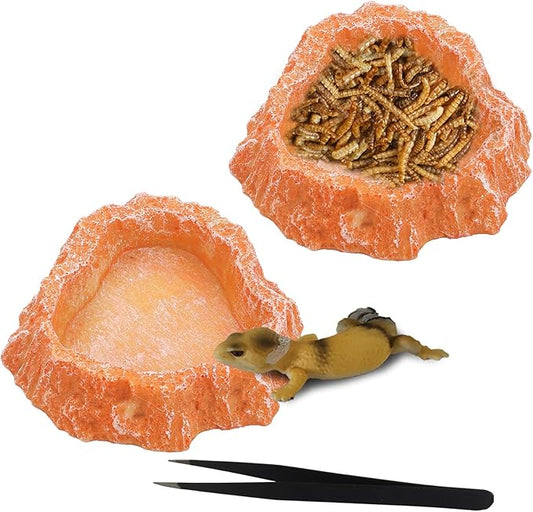 IBWell 2pcs Reptile Water Bowl with Feeding Tweezers - Food Dish for Lizard, Snake, Tortoise & Small Animals - Loess