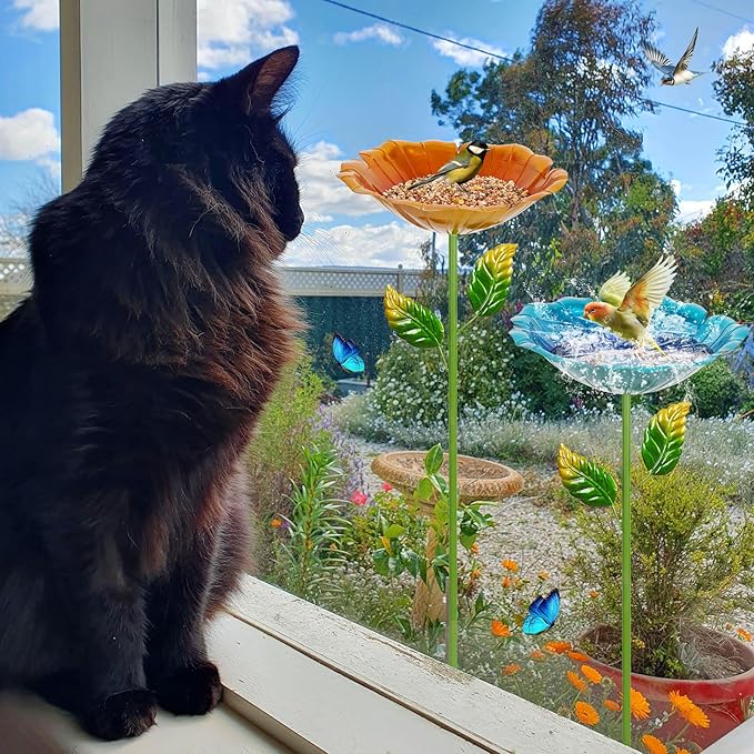 2 Pack Bird Bath for Outside, 31.3" H Metal Birdbaths, 10.63" Dia Garden Flower Bird Water Bowl, Freestanding Hummingbird Bath for Outdoors Garden Patio Yard Decor (Blue,Yellow)