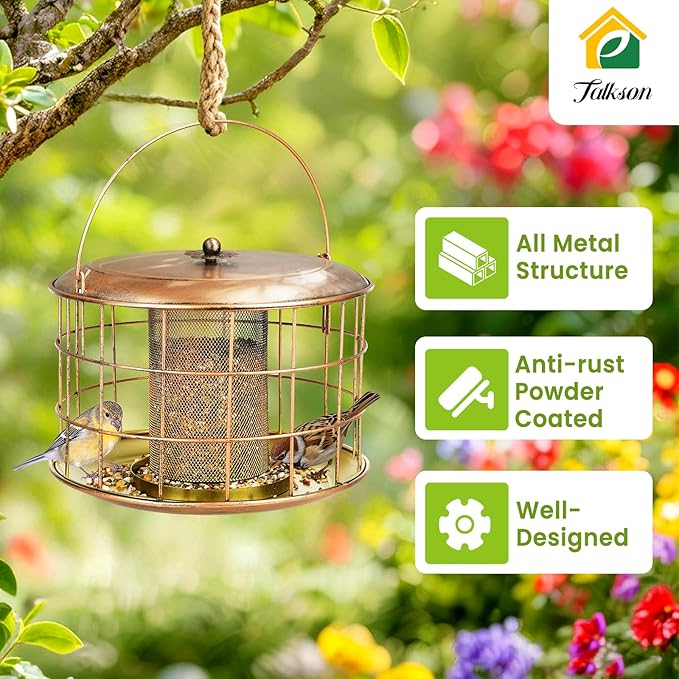 Metal Caged Bird Feeder, Squirrel Proof Bird Feeders for Outdoors Hanging, Wild Bird Feeder for for Small Birds, Squirrel Chew & Weather Resistant, Backyard Gift, Easy to Refill & Clean, 2Lbs