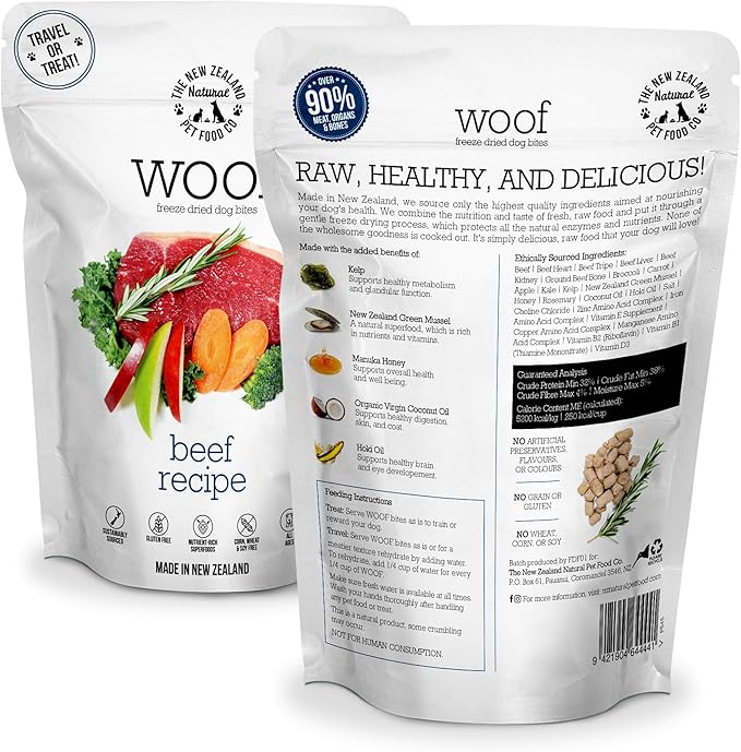 The New Zealand Natural Pet Food Co Woof Freeze Dried Dog Food - Beef Recipe, High Protein, Dog Food Topper & Dog Treats, All Life Stages, 1.76 oz