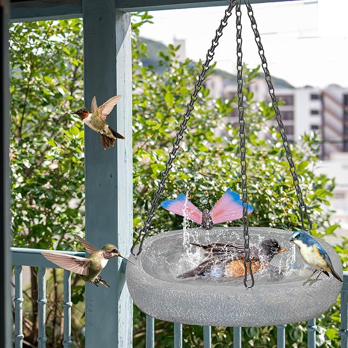 Bird Bath for Outside, Hanging Bird Water Feeder Bowl with Vintage Butterfly Statue, Outdoor Resin Birdfeeder Birdbath for Garden Yard Patio Decor (Ellipses+Butterfly)