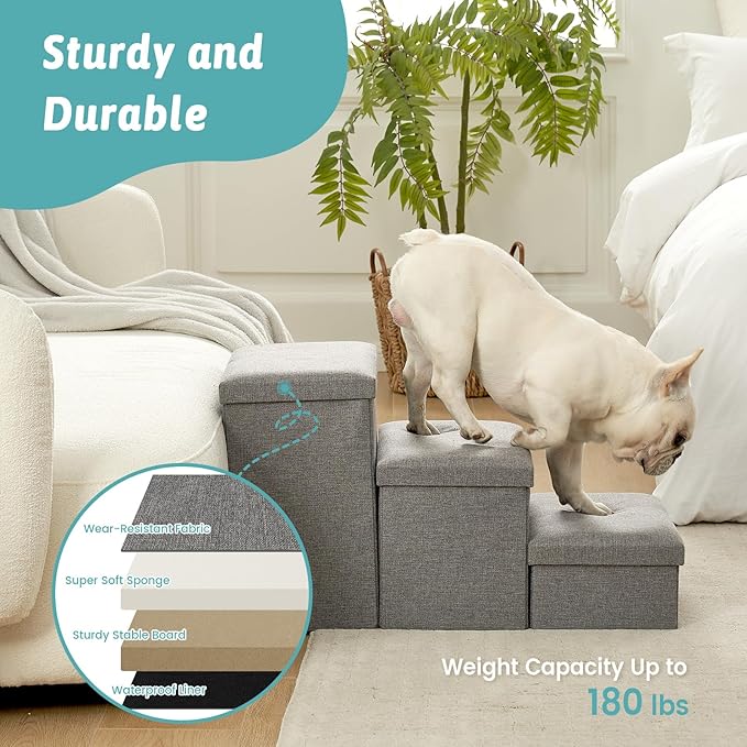Dog Stairs with Storage, 3-Step Wider Sturdy Dog Steps for Small/Medium/Large Dogs and Older Cats, Folding Doggie Ramp for Bed/Couch/Car Hold Up to 180 lbs (16.7" H, Grey)