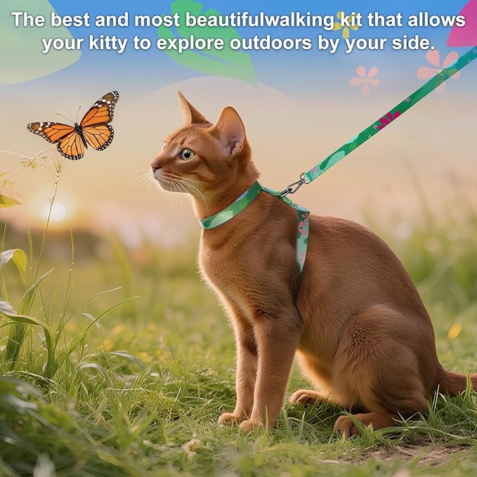 Cat Harness and Leash Set with Matching Collar – Escape Proof Harness for Cats, Adjustable & Lightweight, Tropical Hawaiian Leaf Print, Easy Wear for Outdoor Walking & Training