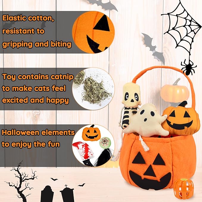 7PCS Halloween Cat Toys, Cat Catnip Toys Plush Teething Toys, Horrible Halloween Cat Ghost Chew Toys for Kitten Cats