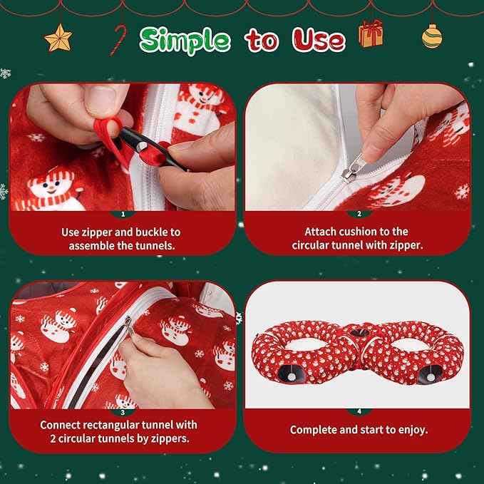 Pawaboo 2-in-1 Cat Tunnel Bed for Indoor Cats, 8-Shaped Large Cat Tunnels with Plush Cushions, Foldable Cats Cave Hideout Kitty Toys with Fluffy Balls, Donut Tunnel for Kitten Rabbit Ferret, Red