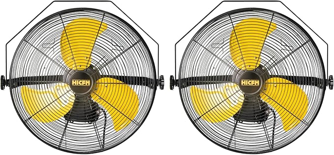 HiCFM 4600 CFM 18 inch Outdoor Safety Yellow Wall Mounted Fan with IP44 Enclosure Motor, Sealed Control Box, 9 FT Cord & GFCI Plug, 3-Speed Weatherproof for Patio, Workstation - UL Listed, 2 Pack