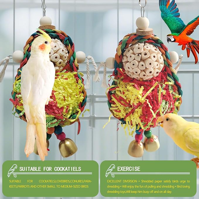 Bird Hoop Swing and Parakeet Toys,Natural Sola Balls and Shredding Hanging Toy,Birds Rope Swing,Suitable Small and Medium-Sized Parrots Toys,Birds Toy for Cockatiels,Conures,Lovebird