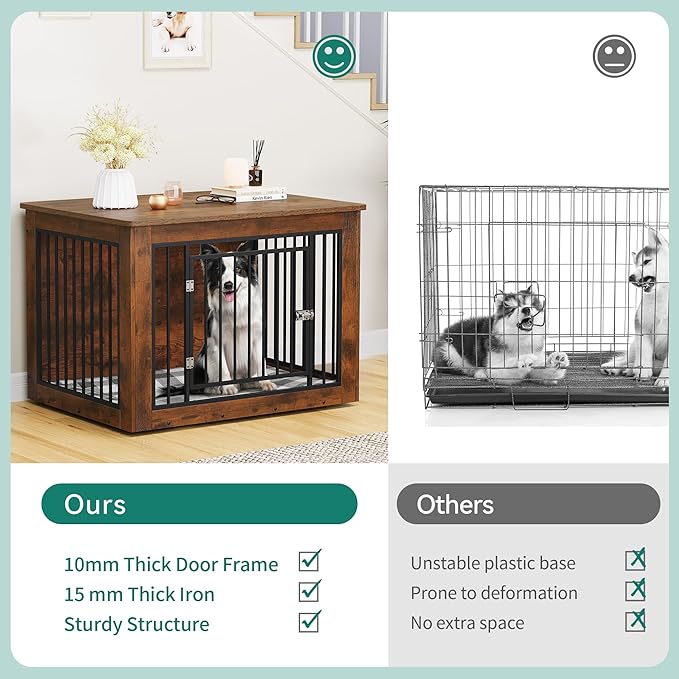 YITAHOME Dog Crate Furniture for Large Dogs, Side End Table, Modern Dogs Kennel Indoor up to 60 lb, 2-in-1 Iron-Wood Fusion Dog Cage with Waterproof Top, Safety Corners, Steel Lock,38"L, Rustic Brown