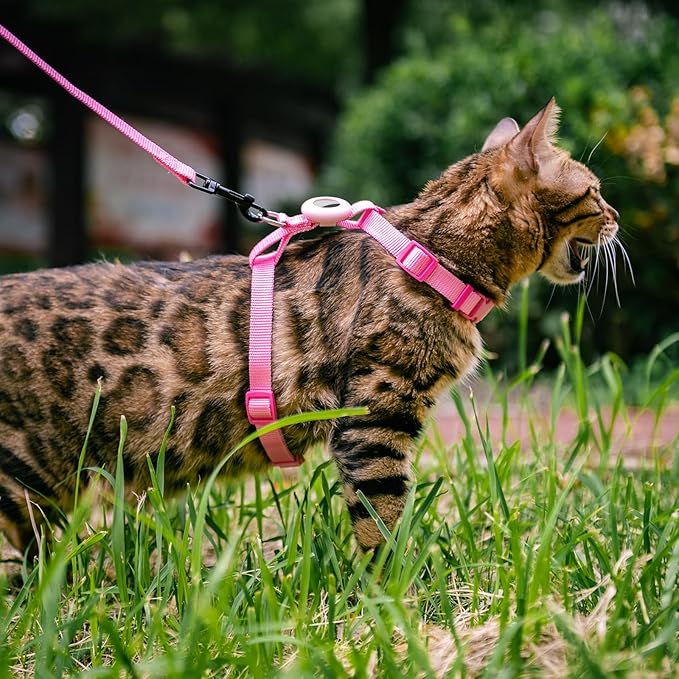 Cat Harness and Leash Set with Airtag Holder for Walking & Travelling, Escape Proof Cat Harness for Small Medium Large Kitten, Adjustable Lightweight Soft Cat Vests (Pink)