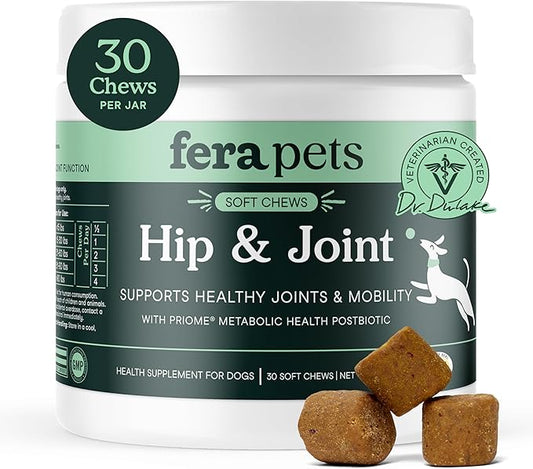 Fera Pets Hip & Joint Supplement for Dogs with Glucosamine, MSM, Chondroitin, & Green Lipped Mussel - Supports Healthy Joints and Weight Management - 30 Soft Chews