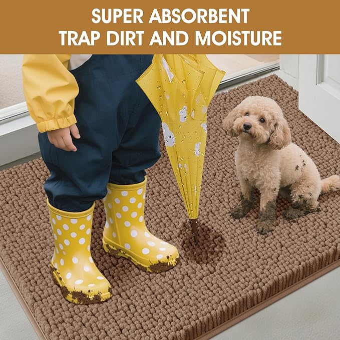 IM HOME 4 Pieces Muddy Door Mats for Dogs, Chenille Absorbent Pet Mats, Quick Dry, Trap Dirt Non Slip Heavy Indoor Doormat Soft Dog Bed Mat Front Inside Door Mat for Indoor Outdoor Entrance,Camel