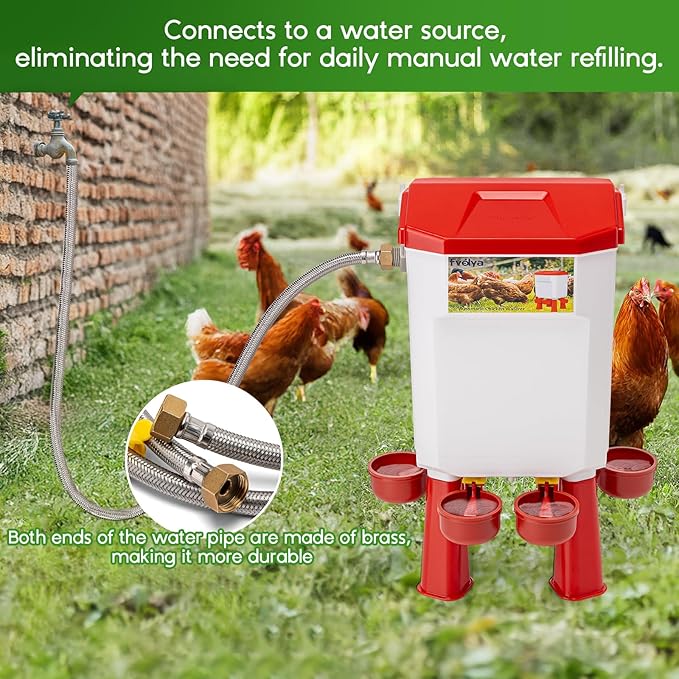 Automatic Chicken Waterer Filtered Float-Controlled Chicken Waterer 2 Gallons Large Watering System Poultry Water Feeder Kit with 60 Inch Metal Hose for Duck Quail Turkey Chick