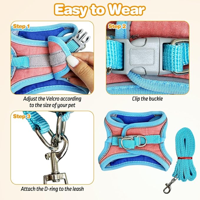 PINVNBY 2 Pack Bunny Hsrness and Leash Set Adjustable Rabbit Harness with Reflective Strips Double Buckle Pet Vest Eescape Proof for Small Rabbit Kitten Puppy Walks Accessories (Blue Pink, M)