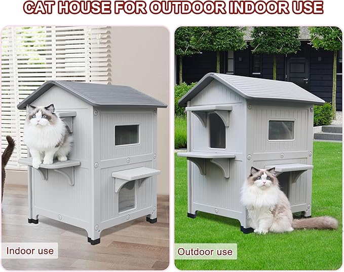 Rockever Plastic Insulated Outdoor Cat House with Escape Door, 2 Story Waterproof Cat House for Outdoor Cats for Feral Cats, Elevated Outside Cat Shelter, Clean and Assemble Easily