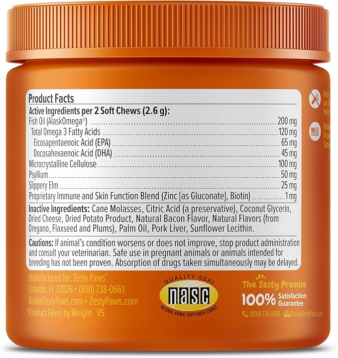 Zesty Paws Hairball Bites for Cats - Cat Furball Support - Functional Supplement with Omega 3 Fish Oil EPA & DHA + Zinc, Biotin & Psyllium Husk - Supports Gut & Skin Health - 60 Count