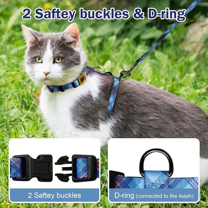 Hikiko Cat Harness and Leash Set Escape Proof Adjustable Walking Travel Soft Boy Kitten Harness for Small Medium Large Cats (Blue Plaid, M)