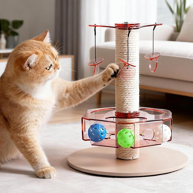 Modern 3-in-1 Interactive Cat Toy with Scratching Post, Rotating Cat Puzzle Toys for Indoor Cats with Colorful Jingle Balls, Spinning Teaser Disc with Dangling Toys, Acrylic, Pink