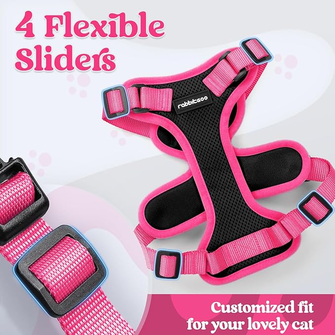 rabbitgoo Cat Harness and Leash Set, Escape Proof Soft Adjustable Vest Harnesses for Outdoor Walking, Easy Control Breathable Kitten Jacket with Reflective Strips, Black & Rose Pink, S