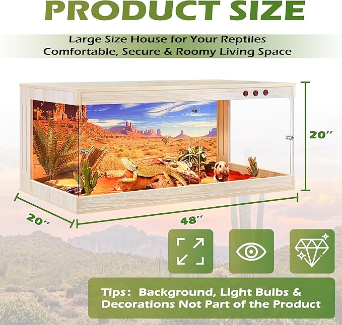 Royxen Tempered Glass Reptile Enclosure,Reptile Tank with Wooden Mesh Top and Lockable Design,79 Gallon Bearded Dragon Tank for Lizard Gecko Tortoise Snake Habitat,48" x 20" x 20",Oak