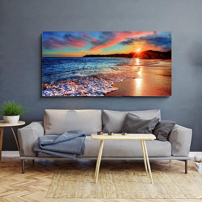 Yxbhhym-Beach Wall Art Pictures Decor for Bedroom Large Ocean Canvas for Wall Art Living Room Sunset Painting Coastal Artwork for Wall Seascape Print Sea Poster Landscape Office Art Home Decorations
