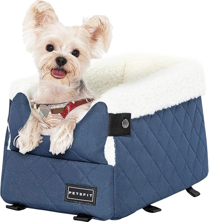 PETSFIT Center Console Dog Car Seat with Safe Protection Hooks, Pet Car Seat with Upgraded Safety Tethers, Washable Cushion, Console Dog Car Seats for Small Dogs Up to 8 Lbs(Blue)
