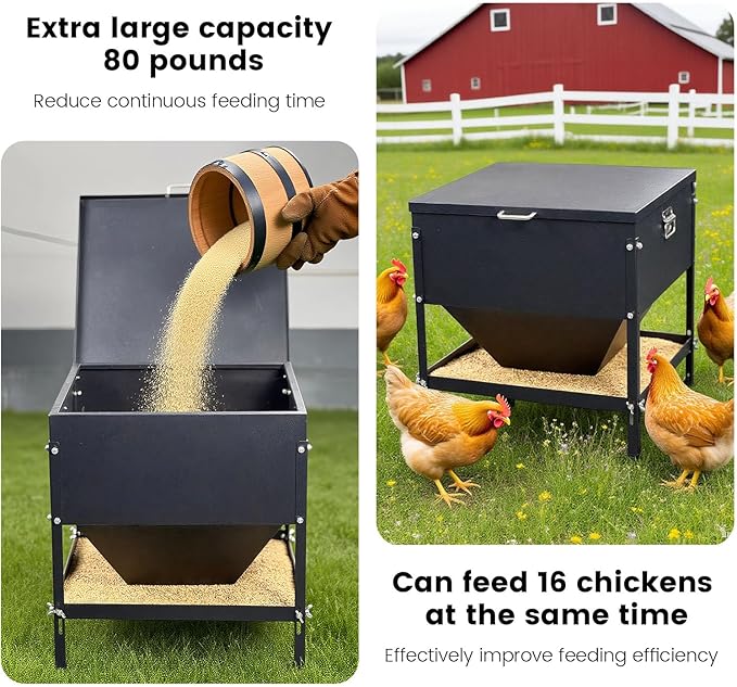 All Metal Chicken Feeding with Waterproof Lid and Handle，Adjustable 80 lbs Large Capacity No Waste Portable Automatic Chicken Feeder,for Chickens and Duck Poultry and Other Birds