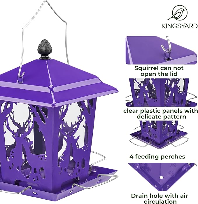 Kingsyard Metal Bird Feeder for Outdoor Hanging - Unique Design Wild Bird Hopper Feeder with 4 Perches and Rainproof Roof, Purple