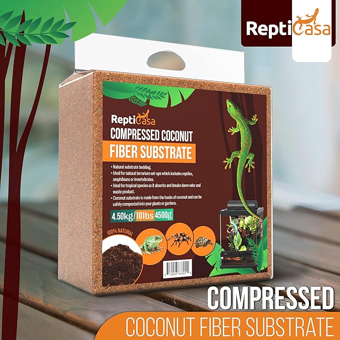Compressed Coconut Fiber Substrate, 10 lb. Block, Natural Husk Terrarium Bedding, Reptiles, Frogs, Snakes, or Tortoise, Odor and Waste Absorbent Compostable, Organic with High Expansion