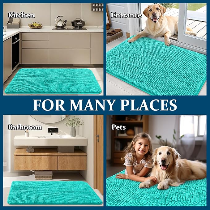 OLANLY Dog Door Mat for Muddy Paws 36x24, Absorbs Moisture and Dirt, Absorbent Non-Slip Washable Doormat, Quick Dry Chenille Mud Mat for Dogs, Entry Indoor Entryway Carpet for Inside Floor, Teal
