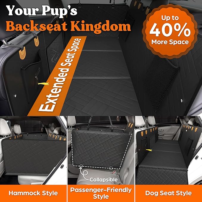 Back Seat Extender for Dogs Hard Bottom Foam - Sturdy Dog Hammock for Car Hard Bottom Car Seat Cover for Dogs with Hair Remover, Seatbelt, Carrying Bag - Dog Backseat Cover SUV, Car, Truck
