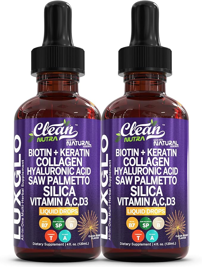 Biotin Liquid Drops Collagen Keratin Hyaluronic Acid Saw Palmetto for Hair Skin and Nails Silica Vitamin A C Vitamin D Bamboo Turmeric Zinc Folate Magnesium Horsetail LuxGlo by Clean Nutra - 2Pack