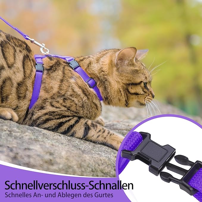 PUPTECK Adjustable Cat Harness and Leash Set Escape Proof Kitten Strap Collar for Walking Travel, Purple, M
