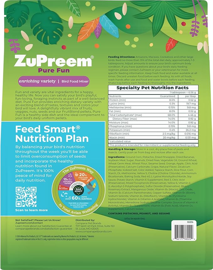 ZuPreem Pure Fun Bird Food, Amazon, Cockatoo, Macaw, Seed and Pellet Blend for Large Birds, Food Mixer Topper, Enriching Variety, Made in USA, Bird Seed for Large Birds (L, 2 lbs)