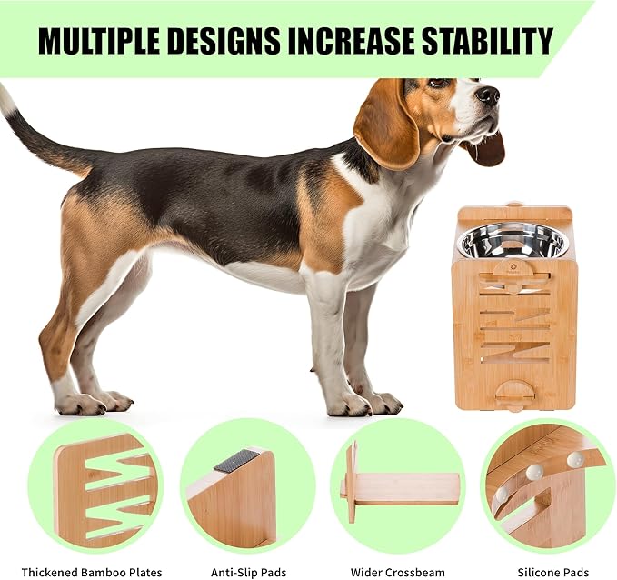 Elevated Dog Bowls, 9 Heights Adjustable Raised Dog Bowl 4.7″-11.8″, with Food Grade 304 Stainless Steel 51 OZ, Bamboo Dog Bowl Stand for Medium and Large Dogs, 1 Pack