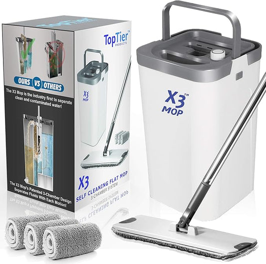 X3 Mop, Separates Dirty and Clean Water, 3-Chamber Design, Flat Mop and Bucket Set, Hands Free Home Floor Cleaning, 3 Reusable Microfiber Mop Pads Included