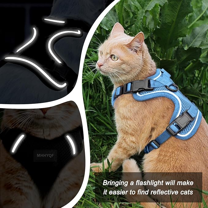 Cat Harness, Cat Car Harness and Leash for Walking, Escape Proof Soft Adjustable Vest Harnesses for Cats, Easy Control Breathable Reflective Strips Harness, Kitten Harness and Leash Set, Blue, M