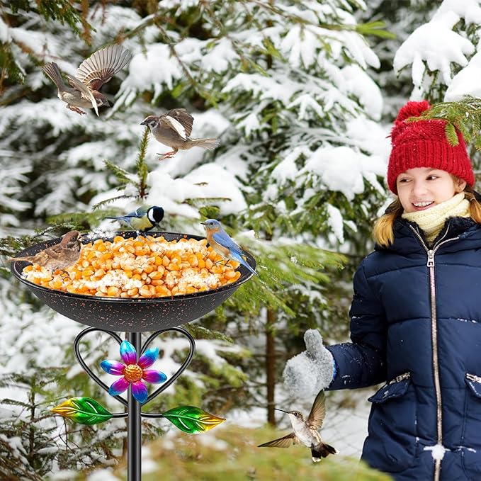 Vintage Metal Bird Bath for Outside, Standing Bird Feerder with Sunflower Love Decoration, Detachable Birdbaths Bowl for Outdoor Yard Lawn Garden Decor (A-Brown)