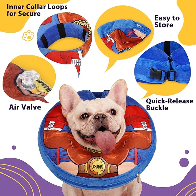 Crazy Felix Soft Donut Cone for Dogs to Stop Licking, Chihuahua Pomeranian Recovery Collar After Surgery Inflatable Cone Alternative for Small Medium Large Dogs, Elizabethan Collar with Boxer Pattern