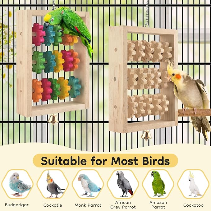 2Pcs Bird Toys, Hanging Parrot Chew Toy, Natural Wooden Chewing Puzzle Training Blocks Intellectual Development for Budgie, Conure, Lovebird, Cockatoo, African Grey, Amazon Parrots, Macaw