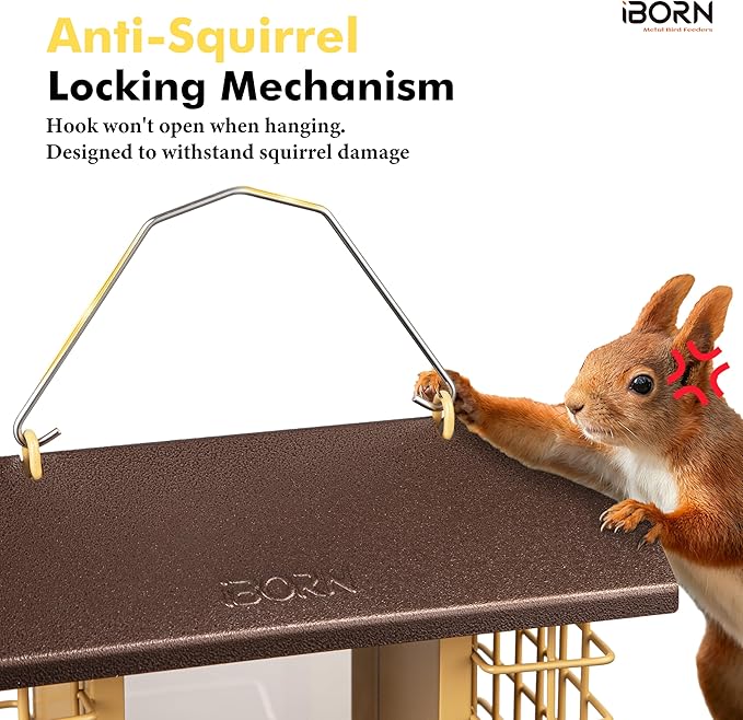 iBorn Bird Feeders for Outdoors,Bird Feeder with Double Suet Holders,Suet Feeder for Outside Hanging,Large Weatherproof Metal Roof,Easy to Refill & Clean,3.2 LBs Seed Capacity + 2X Cakes,1 Pack,Coffee