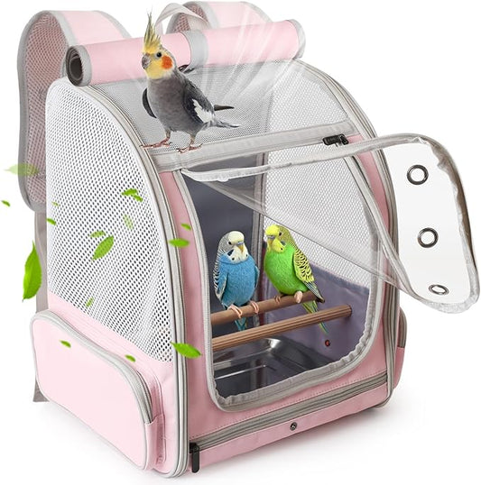 Parrot Carrier Backpack with Front Zipper Opening, Bird Travel Carrier Cage with Standing Perches and Metal Tray, Breathable Portable Transport Bag for Parakeet, Budgie, Conure, Cockatiel, Parrot